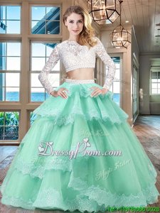 New Style Apple Green Scoop Zipper Beading and Lace and Ruffled Layers Quinceanera Gowns Long Sleeves