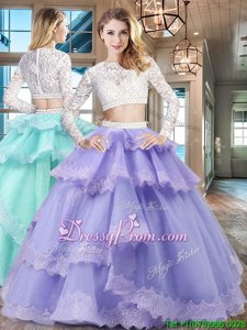 High Quality Lavender Scoop Neckline Beading and Lace and Ruffled Layers Quinceanera Gowns Long Sleeves Zipper