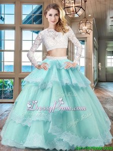 Aqua Blue Zipper Scoop Beading and Lace and Ruffled Layers Sweet 16 Dress Tulle and Lace Long Sleeves