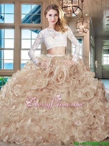 Fantastic Champagne Scoop Neckline Beading and Lace and Ruffles Sweet 16 Dresses Long Sleeves Zipper