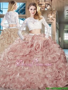 Popular Pink Organza Zipper 15th Birthday Dress Long Sleeves Brush Train Beading and Lace and Ruffles