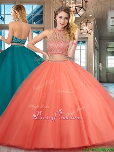 Hot Selling Floor Length Orange Red Quinceanera Dress Tulle Sleeveless Spring and Summer and Fall and Winter Beading