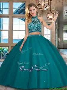 Floor Length Teal Ball Gown Prom Dress Halter Top Sleeveless Backless