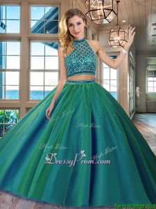 High End Tulle Halter Top Sleeveless Brush Train Backless Beading Quince Ball Gowns inDark Green