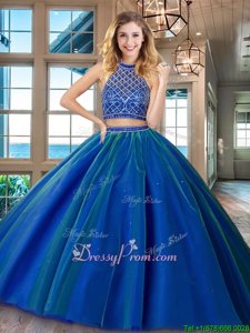 Customized Two Piece Halter Spring and Summer and Fall and Winter Tulle Sleeveless Vestidos de Quinceanera Brush Train andBeading