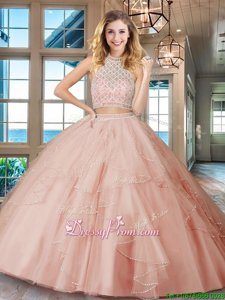 Custom Fit Sleeveless Floor Length Beading and Ruffles Backless Quinceanera Dresses with Pink