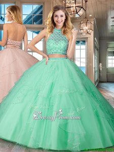 Sleeveless Tulle Floor Length Backless Quinceanera Gowns inApple Green forSpring and Summer and Fall and Winter withBeading and Ruffles