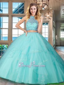 Aqua Blue Backless Quinceanera Gowns Beading and Ruffles Sleeveless Floor Length