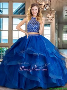 Customized Royal Blue Tulle Backless Halter Top Sleeveless Sweet 16 Quinceanera Dress Brush Train Beading and Ruffles
