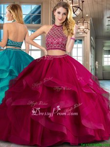 Attractive Halter Top Sleeveless Brush Train Backless Quinceanera Dresses Fuchsia Tulle