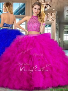 Enchanting Fuchsia Quinceanera Dresses Tulle Brush Train Sleeveless Spring and Summer and Fall and Winter Beading and Ruffles