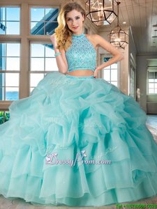 Affordable Aqua Blue Sweet 16 Dresses Halter Top Sleeveless Brush Train Backless