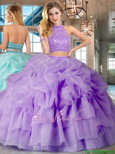 Shining Two Pieces Sleeveless Lavender Sweet 16 Quinceanera Dress Brush Train Backless