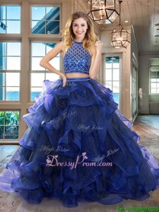 Designer Royal Blue Two Pieces Beading and Ruffles Sweet 16 Quinceanera Dress Backless Tulle Sleeveless
