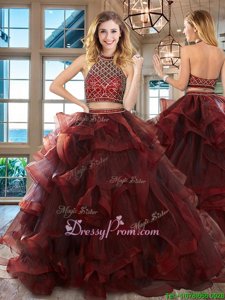 Nice Two Pieces Sleeveless Burgundy Quinceanera Gown Brush Train Backless