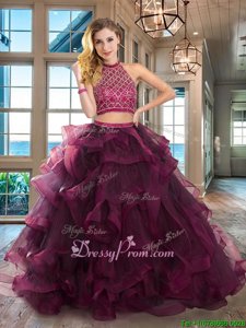 Best Beading and Ruffles Ball Gown Prom Dress Dark Purple Backless Sleeveless Brush Train