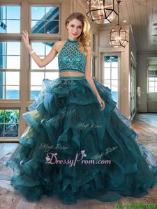 Glamorous Teal Two Pieces Halter Top Sleeveless Tulle Brush Train Backless Beading and Ruffles Vestidos de Quinceanera