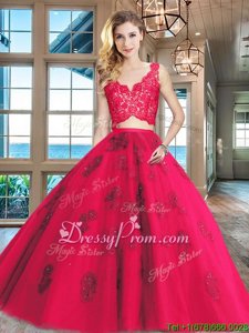 Flare Red Tulle Zipper Sweet 16 Quinceanera Dress Sleeveless Floor Length Lace and Appliques