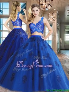 Unique Tulle V-neck Sleeveless Zipper Lace and Appliques Quinceanera Gowns inRoyal Blue