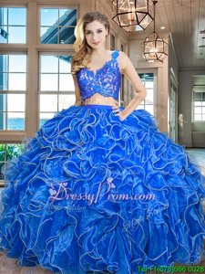 V-neck Sleeveless Organza Quinceanera Dress Lace and Ruffles Zipper