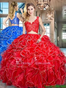 Super V-neck Sleeveless Organza Ball Gown Prom Dress Lace and Ruffles Zipper