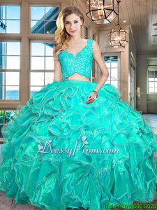 Captivating Turquoise Sleeveless Floor Length Lace and Ruffles Zipper Quinceanera Dress
