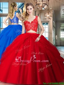 Cute Floor Length Red 15 Quinceanera Dress V-neck Sleeveless Zipper