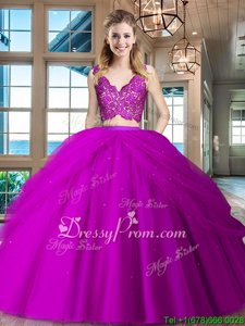 Sweet Floor Length Zipper Ball Gown Prom Dress Fuchsia and In forMilitary Ball and Sweet 16 and Quinceanera withLace and Ruffled Layers