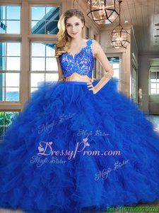 Noble Two Pieces Sleeveless Royal Blue Ball Gown Prom Dress Brush Train Zipper