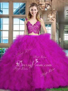 Fuchsia Two Pieces V-neck Sleeveless Tulle Brush Train Zipper Lace and Ruffles Quinceanera Gowns