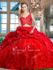 Red Two Pieces Taffeta and Tulle V-neck Sleeveless Lace and Ruffles and Pick Ups Zipper Ball Gown Prom Dress Brush Train