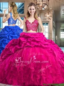 Fuchsia Sleeveless Brush Train Lace and Ruffles and Pick Ups Quinceanera Gown