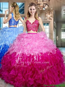 Extravagant Multi-color Two Pieces V-neck Sleeveless Organza Floor Length Zipper Lace and Ruffles Quinceanera Dress