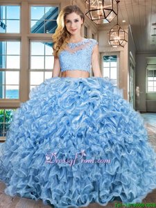 Fitting Baby Blue Two Pieces Beading and Appliques and Ruffles Quinceanera Dresses Zipper Organza Cap Sleeves Floor Length