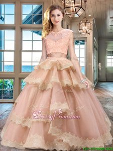 Latest Peach Cap Sleeves Beading and Lace and Appliques and Ruffled Layers Floor Length Sweet 16 Dress