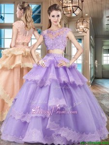 Lavender Scoop Zipper Beading and Lace and Appliques and Ruffled Layers Sweet 16 Quinceanera Dress Cap Sleeves