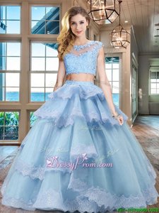 Free and Easy Light Blue Scoop Neckline Beading and Lace and Appliques and Ruffled Layers Quinceanera Gown Cap Sleeves Zipper