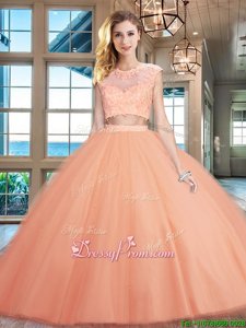 Traditional Two Pieces Quinceanera Gowns Peach Scoop Tulle Cap Sleeves Floor Length Zipper