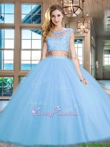 Elegant Cap Sleeves Floor Length Beading and Appliques Zipper Quinceanera Gowns with Light Blue