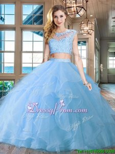 Classical Light Blue Zipper Quinceanera Gowns Beading and Appliques and Ruffles Cap Sleeves With Brush Train