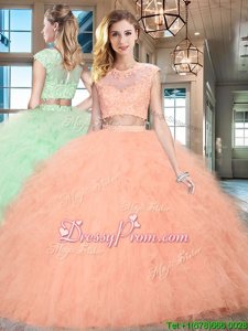 Decent Cap Sleeves Tulle Floor Length Zipper Sweet 16 Dress inPeach forSpring and Summer and Fall and Winter withBeading and Ruffles