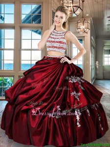 Gorgeous Wine Red Two Pieces Taffeta Scoop Sleeveless Beading and Appliques and Pick Ups Floor Length Backless 15th Birthday Dress