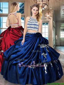 Artistic Royal Blue Two Pieces Beading and Appliques and Pick Ups Quince Ball Gowns Backless Taffeta Sleeveless Floor Length