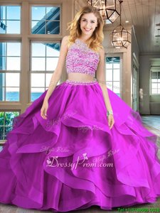 Custom Designed Scoop Sleeveless Tulle Vestidos de Quinceanera Beading and Ruffles Brush Train Backless