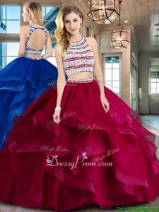 Noble Brush Train Two Pieces Quinceanera Dresses Wine Red Scoop Tulle Sleeveless With Train Backless