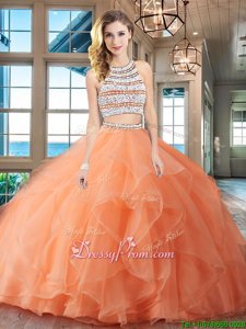 High End Orange Two Pieces Scoop Sleeveless Organza With Brush Train Backless Beading and Ruffles Sweet 16 Quinceanera Dress