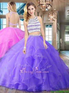 Sumptuous Lavender Organza Backless Scoop Sleeveless With Train Quinceanera Gown Brush Train Beading and Ruffles