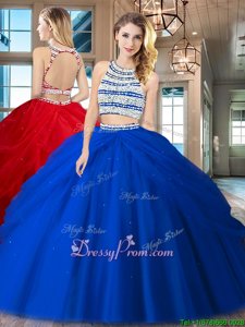 Beautiful Two Pieces Ball Gown Prom Dress Royal Blue Scoop Tulle Sleeveless Floor Length Backless