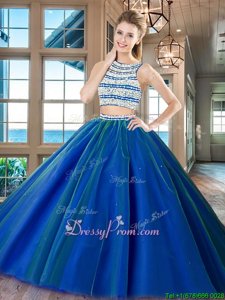 Fabulous Scoop Sleeveless Quinceanera Gown Floor Length Beading Royal Blue Tulle