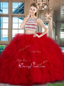 Top Selling Red Tulle Backless Scoop Sleeveless With Train Quinceanera Gowns Brush Train Beading and Ruffles
